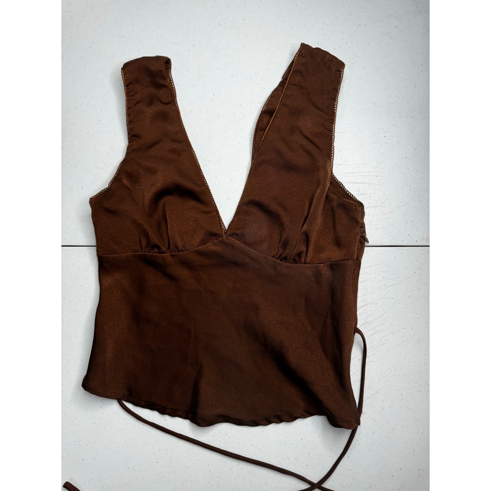 NIA Brown Satin V-Neck Sleeveless Top with Crochet Trim and Back Ties Small